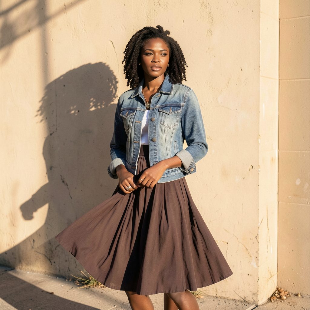 A Kannywood actress in a chic denim jacket and flowing skirt, posed against a sunlit urban wall in warm neutral tones