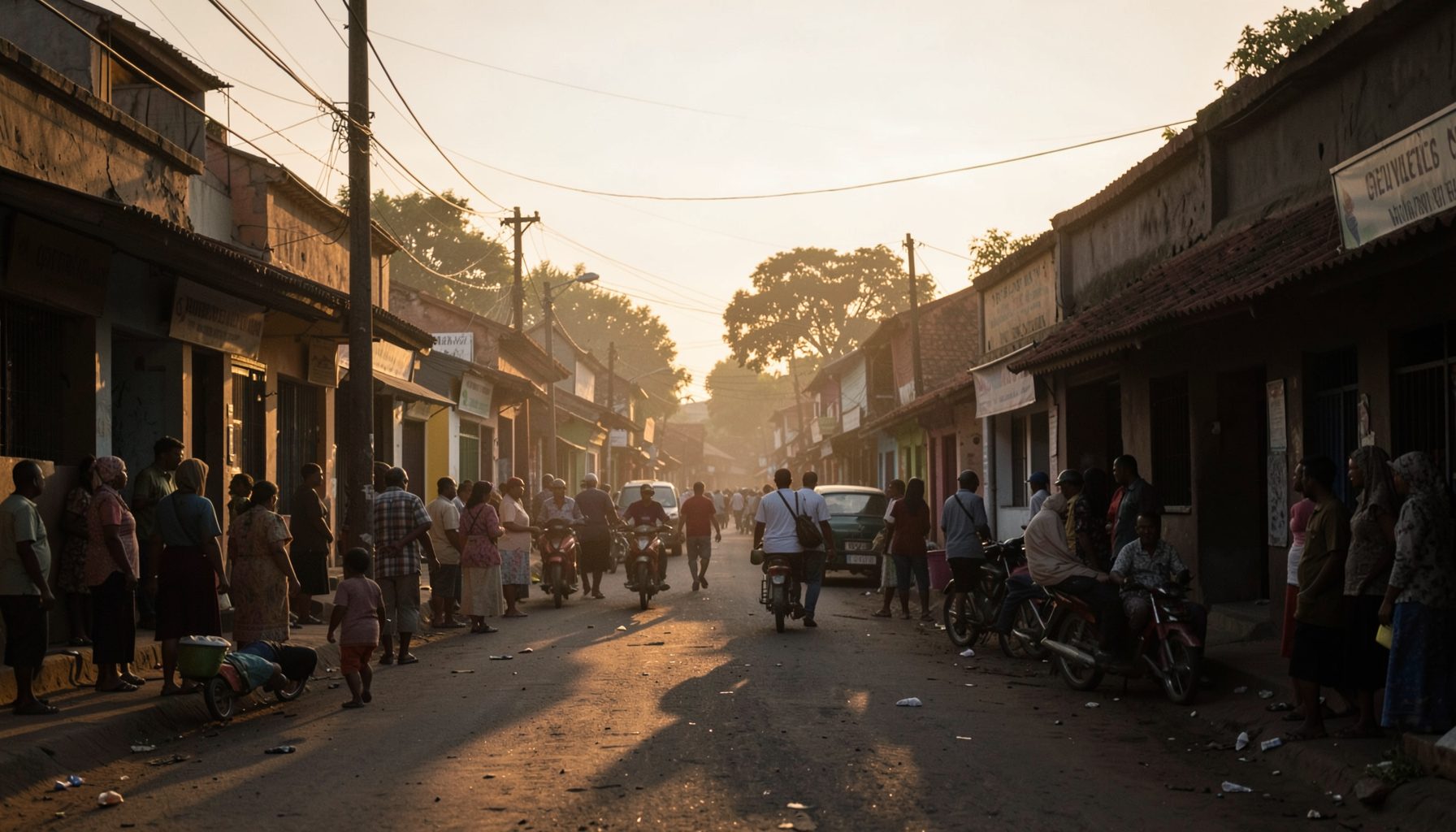 A quiet street scene in Kano at dusk, with soft golden light and long shadows, evoking reflection on public health and community resilience.