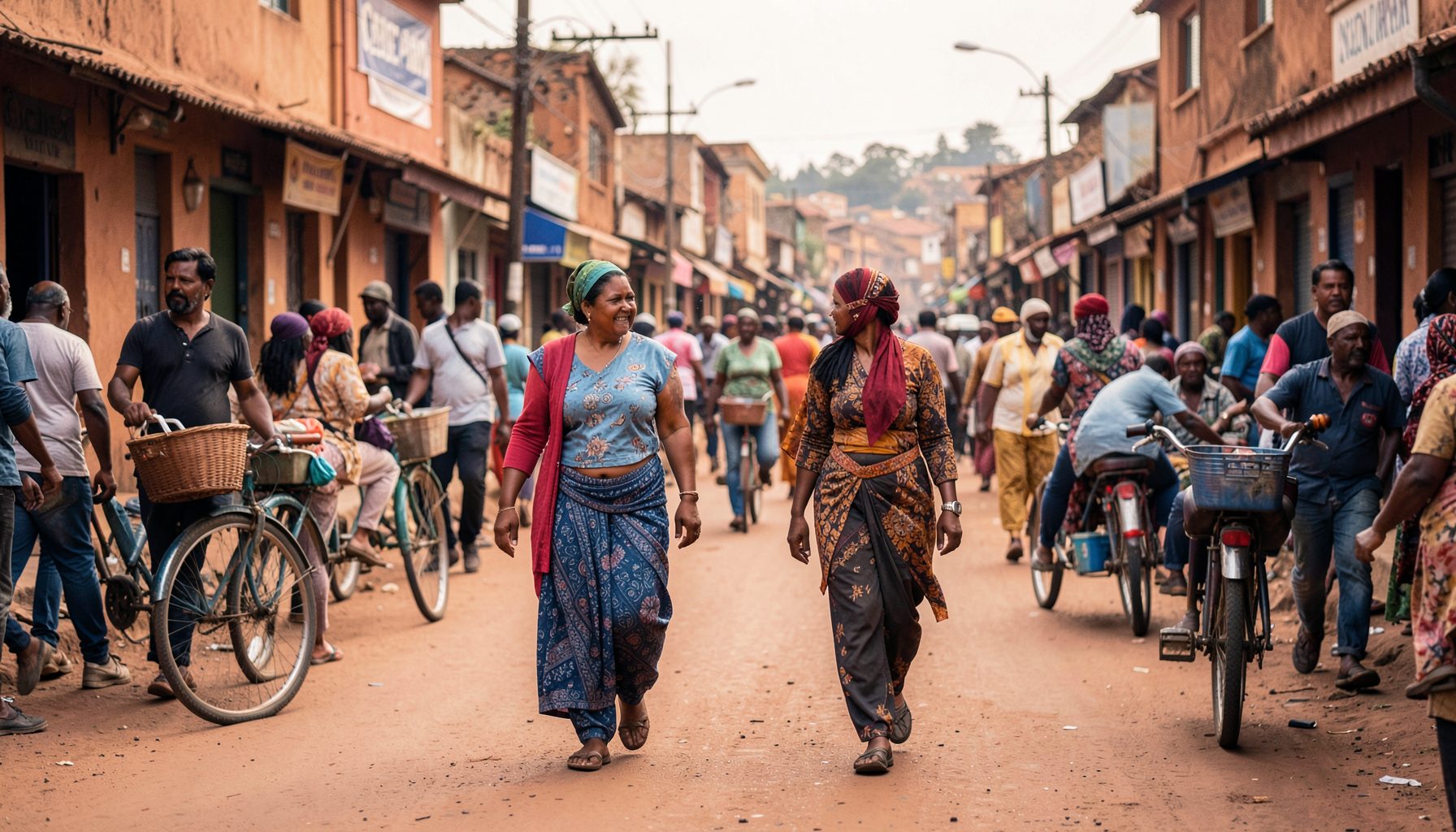 Women walking along a busy Kano roadside, warm terracotta and dusty blue hues