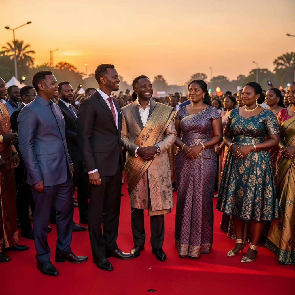 A red-carpet scene at dusk with warm golden lighting, featuring attendees in a mix of modern and traditional Nigerian formalwear