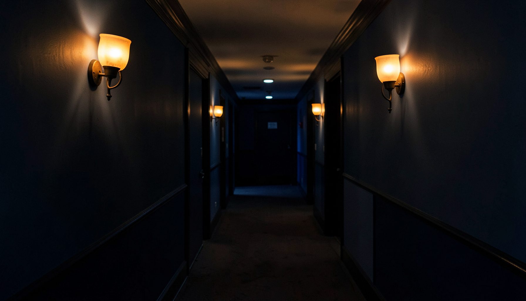 A shadowy hotel corridor with warm amber wall sconces and deep navy tones, suggesting secrecy and scandal