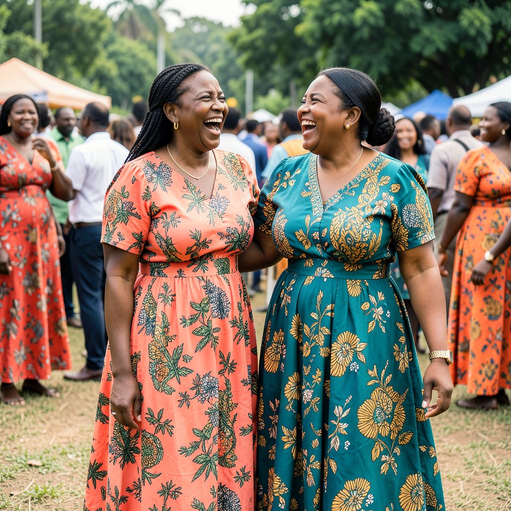 Two Kannywood actresses in flowing Ankara print dresses in coral and teal, laughing together at an outdoor daytime event