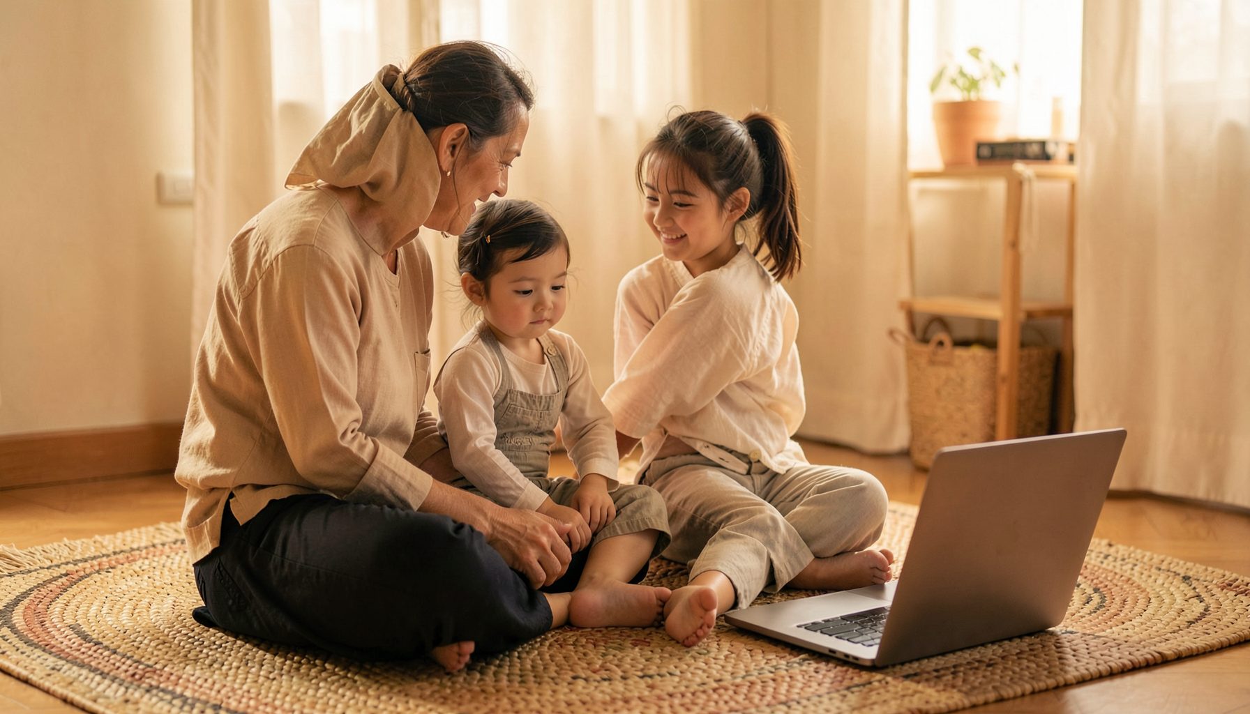 A softly lit interior scene with a parent and child sitting together on a traditional woven mat, a laptop open nearby, warm earth tones and cream