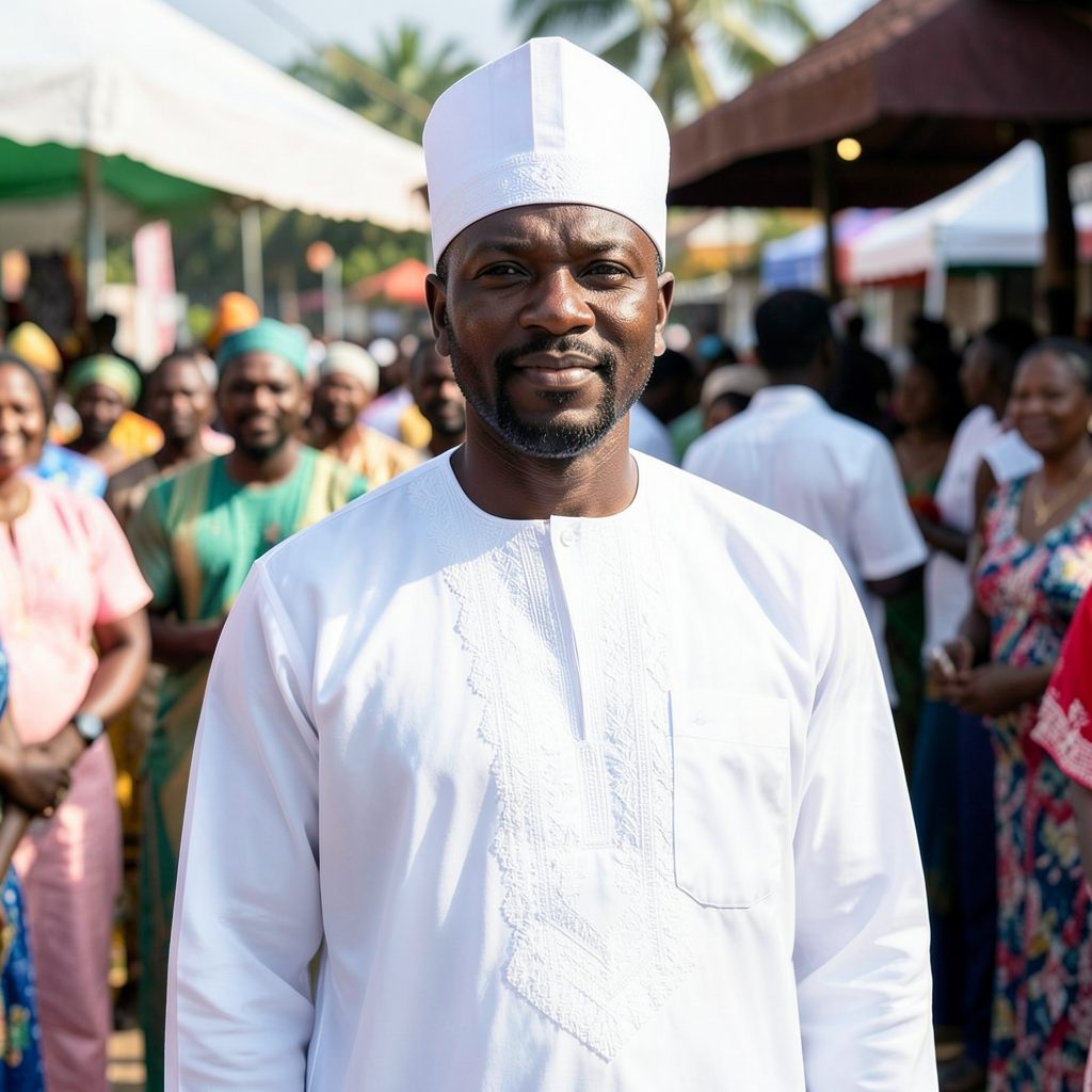 A Kannywood actor in a crisp white traditional babban riga with intricate embroidery, posing at a daytime cultural event
