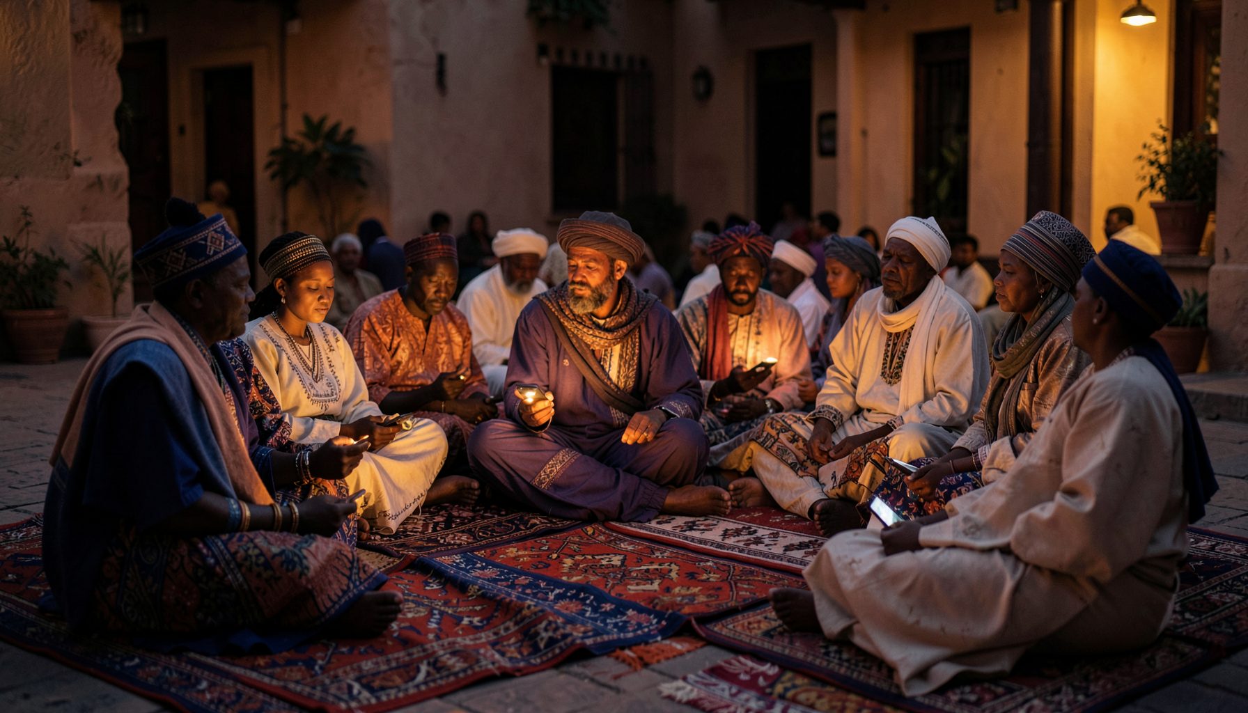 A warm, softly lit gathering of people in traditional Northern Nigerian attire seated on patterned mats