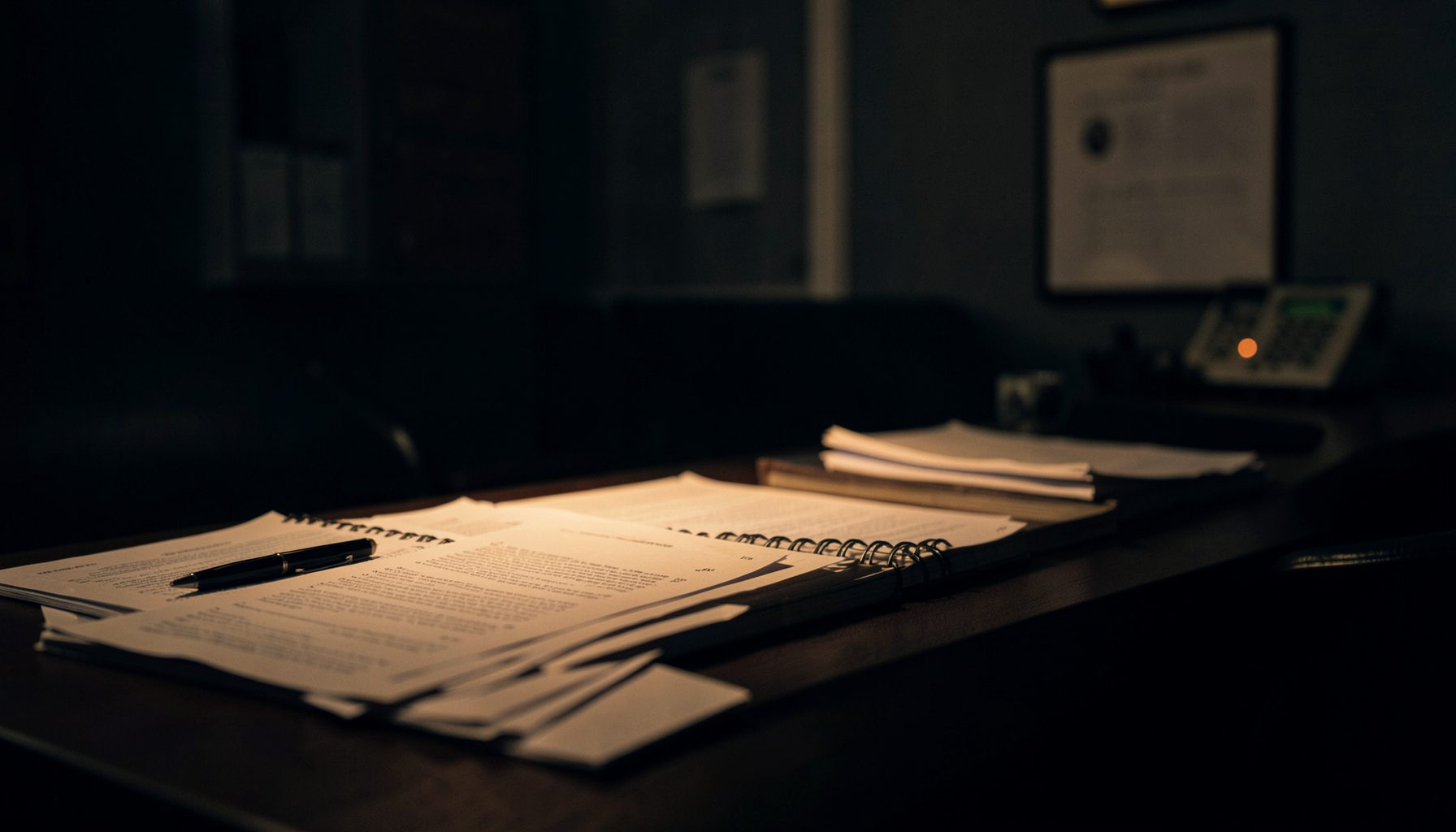 A dimly lit newsroom desk with scattered documents, a notebook, and a pen, bathed in warm amber and deep navy shadows