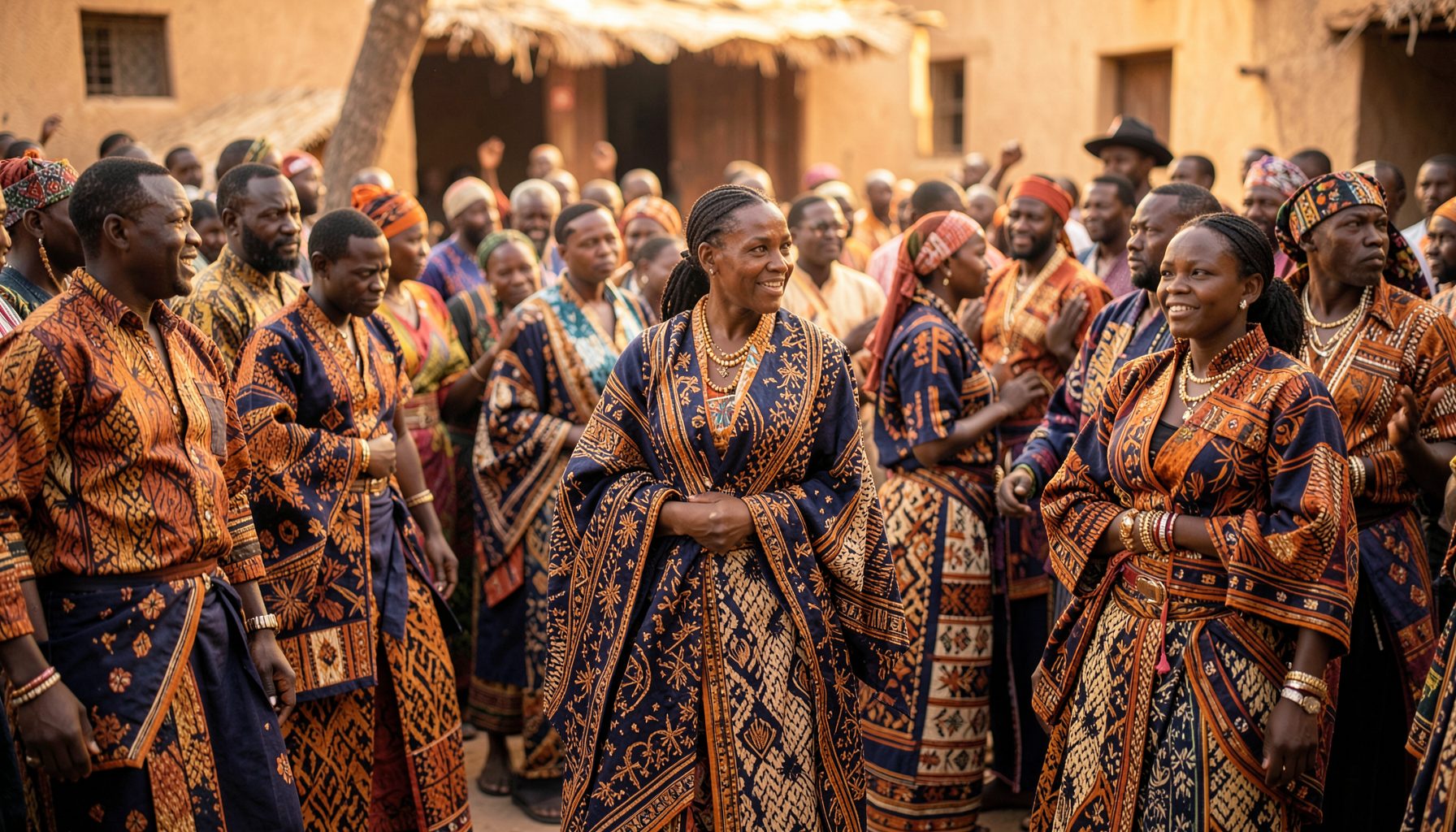 A warm, softly lit scene of a Hausa cultural gathering with richly patterned traditional attire