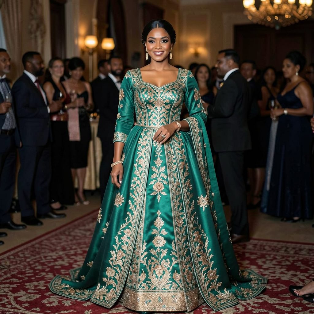 A Kannywood actress in an elegant embroidered gown in emerald green and gold, standing gracefully at an evening event