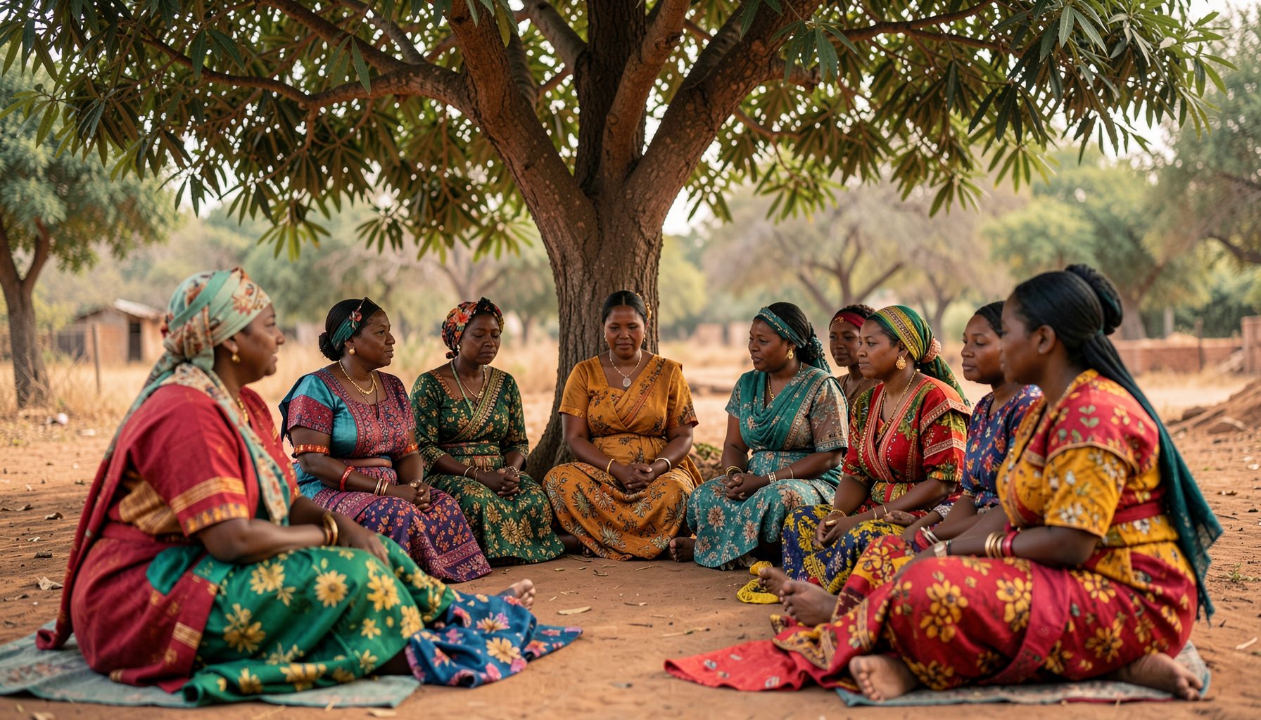 A softly lit gathering of women in colorful northern Nigerian attire seated in a circle under a neem tree, warm earth tones and dappled sunlight