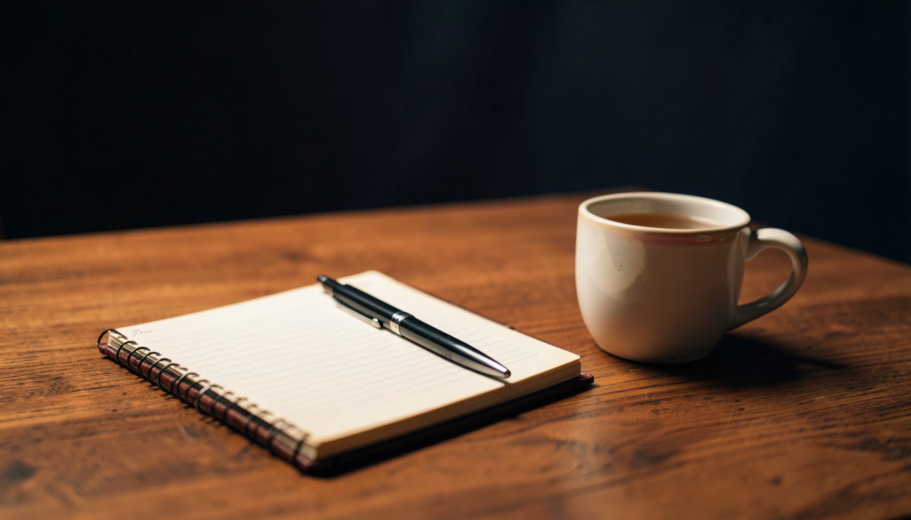 A warmly lit wooden desk with a notebook, pen, and a cup of tea, set against a dark background with soft amber and navy tones
