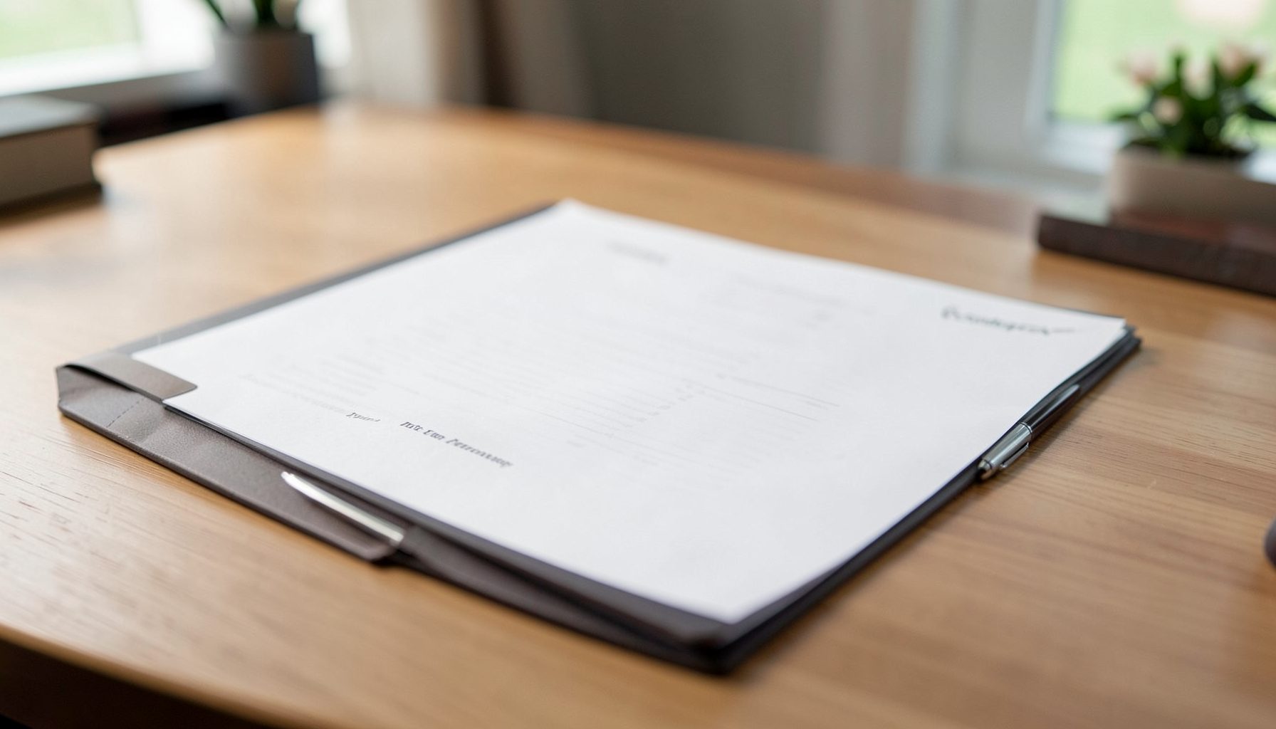 Official-looking document folder on a desk with a pen beside it, soft office lighting