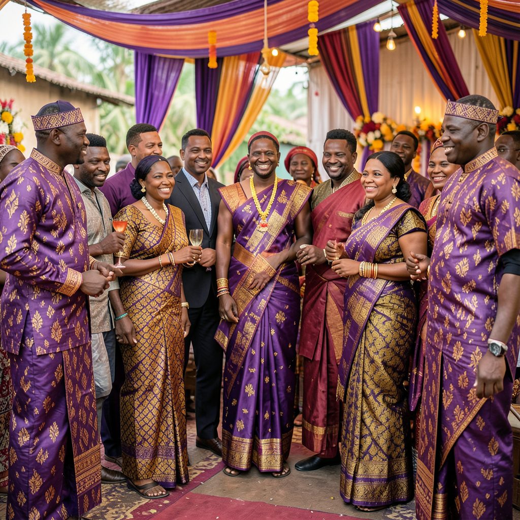 A group of elegantly dressed guests at a Hausa wedding celebration, with vibrant purple and gold aso-ebi fabrics