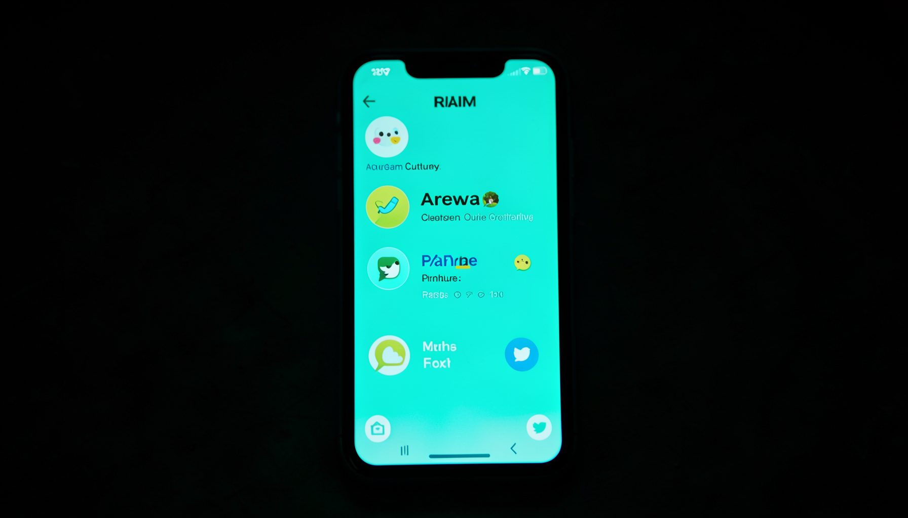 A smartphone screen glowing teal in a dark room, displaying social media icons, symbolising ArewaGram culture and online drama