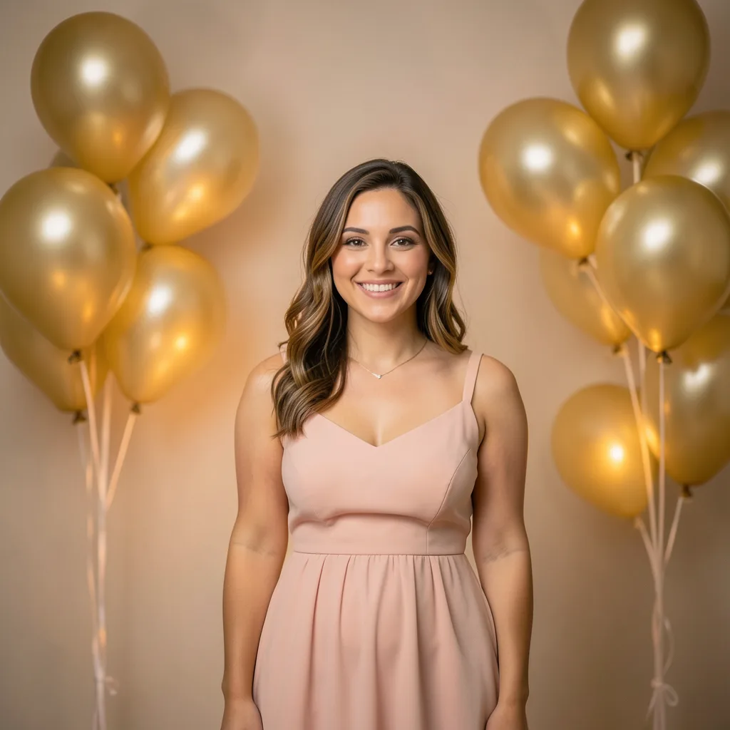 A birthday photoshoot with soft golden balloons and a smiling subject in a blush-pink dress, warm candlelight glow