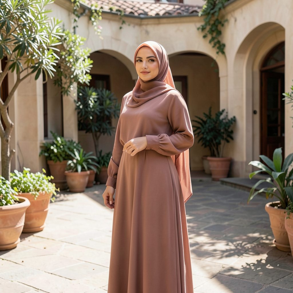 A woman in an elegant modest-fashion ensemble with a flowing hijab in dusty rose, standing in a sun-drenched courtyard