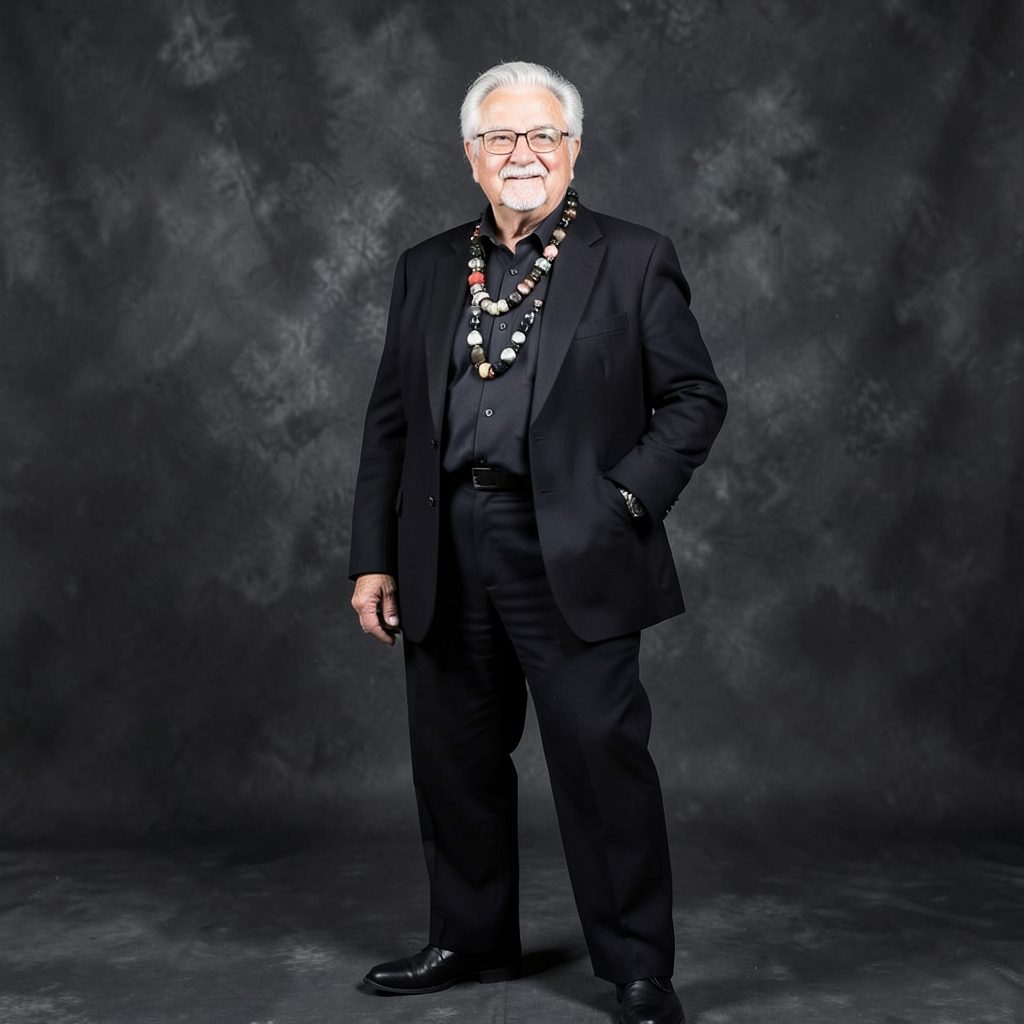 An OAP posing in a bold contemporary outfit with statement accessories, against a textured studio backdrop in charcoal grey