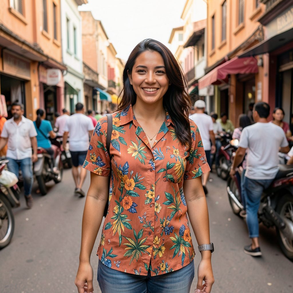 A social-media influencer in a vibrant mixed-print look, candidly captured on a busy Kano street with warm terracotta tones