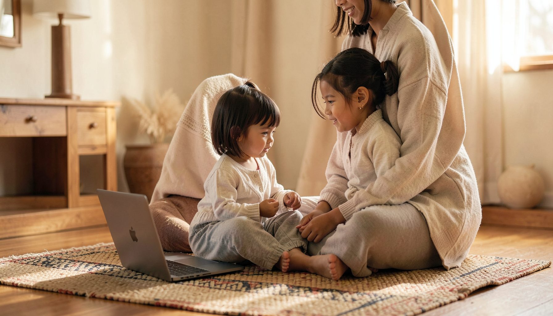 A softly lit interior scene with a parent and child sitting together on a traditional woven mat, a laptop open nearby, warm earth tones and cream