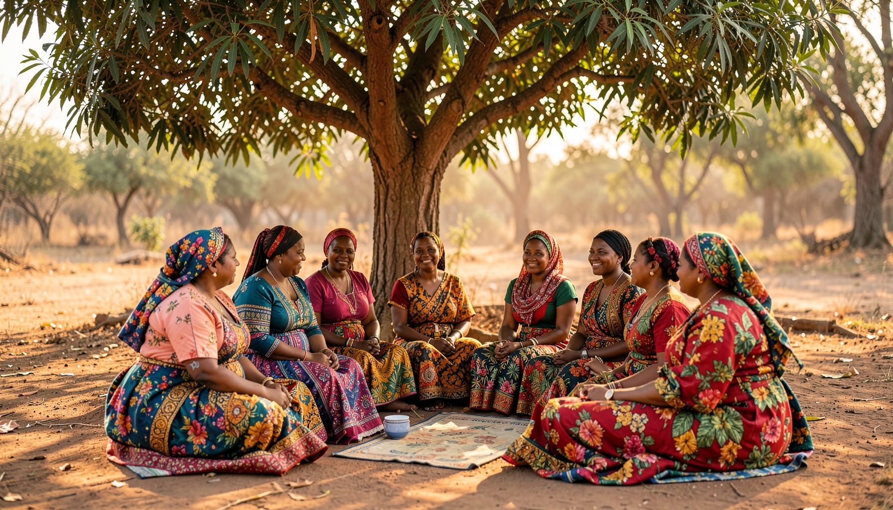 A softly lit gathering of women in colorful northern Nigerian attire seated in a circle under a neem tree, warm earth tones and dappled sunlight