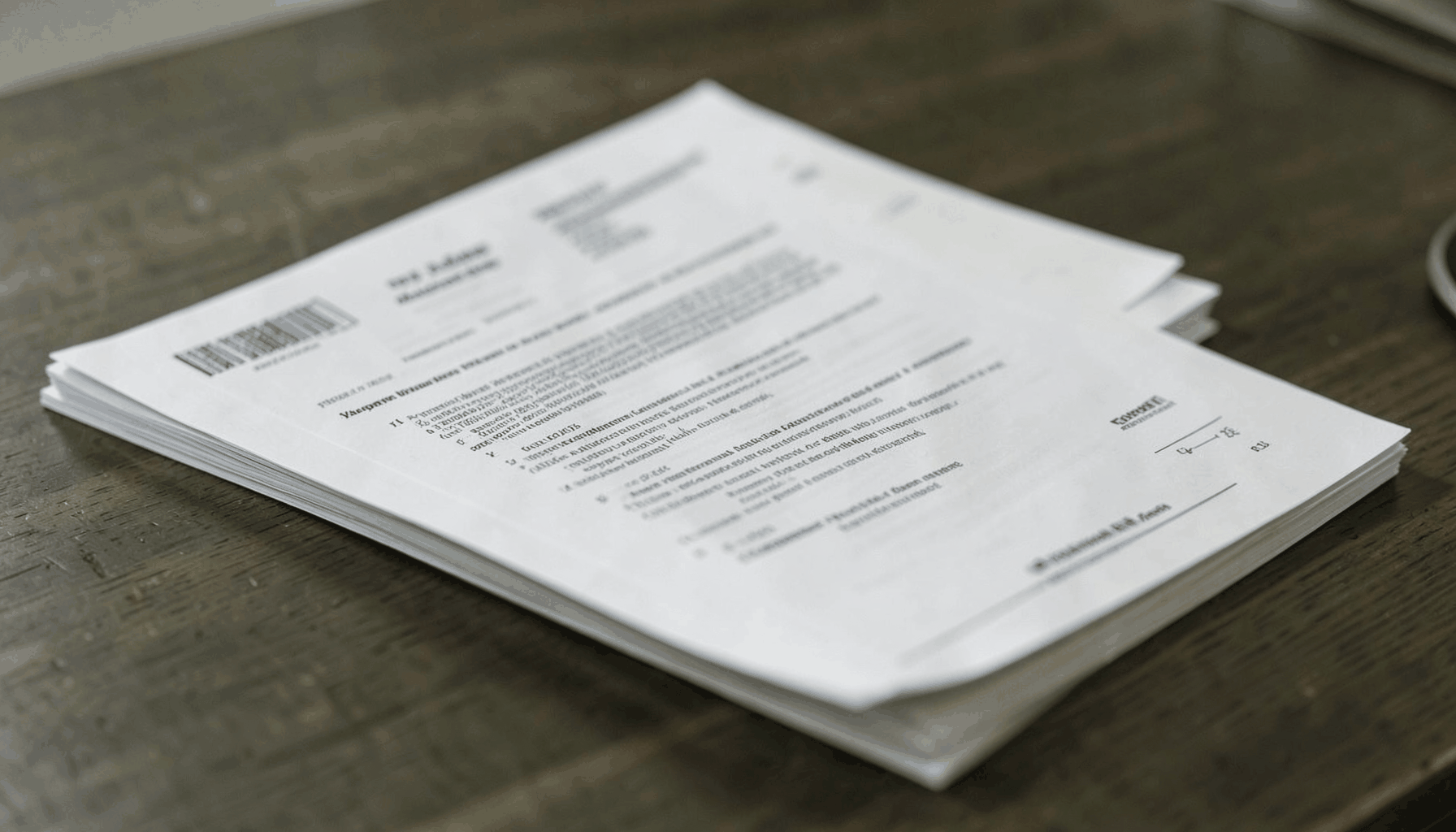 A stack of official documents and reports on a wooden table, with muted olive and charcoal tones, suggesting bureaucratic review and accountability.